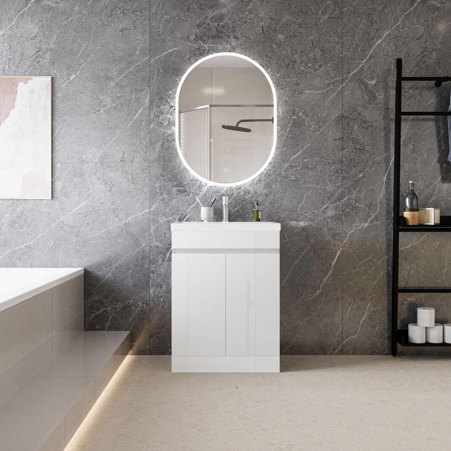 High Gloss MDF Vanity Unit, Floorstanding, Detachable, Soft Close, Dual-door + Write Artificial stone Basin