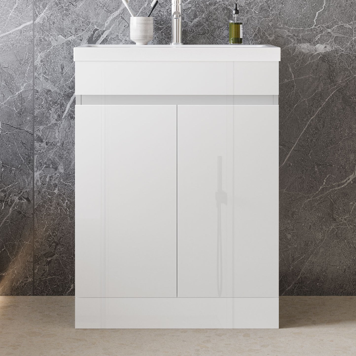 High Gloss MDF Vanity Unit, Floorstanding, Detachable, Soft Close, Dual-door + Write Artificial stone Basin