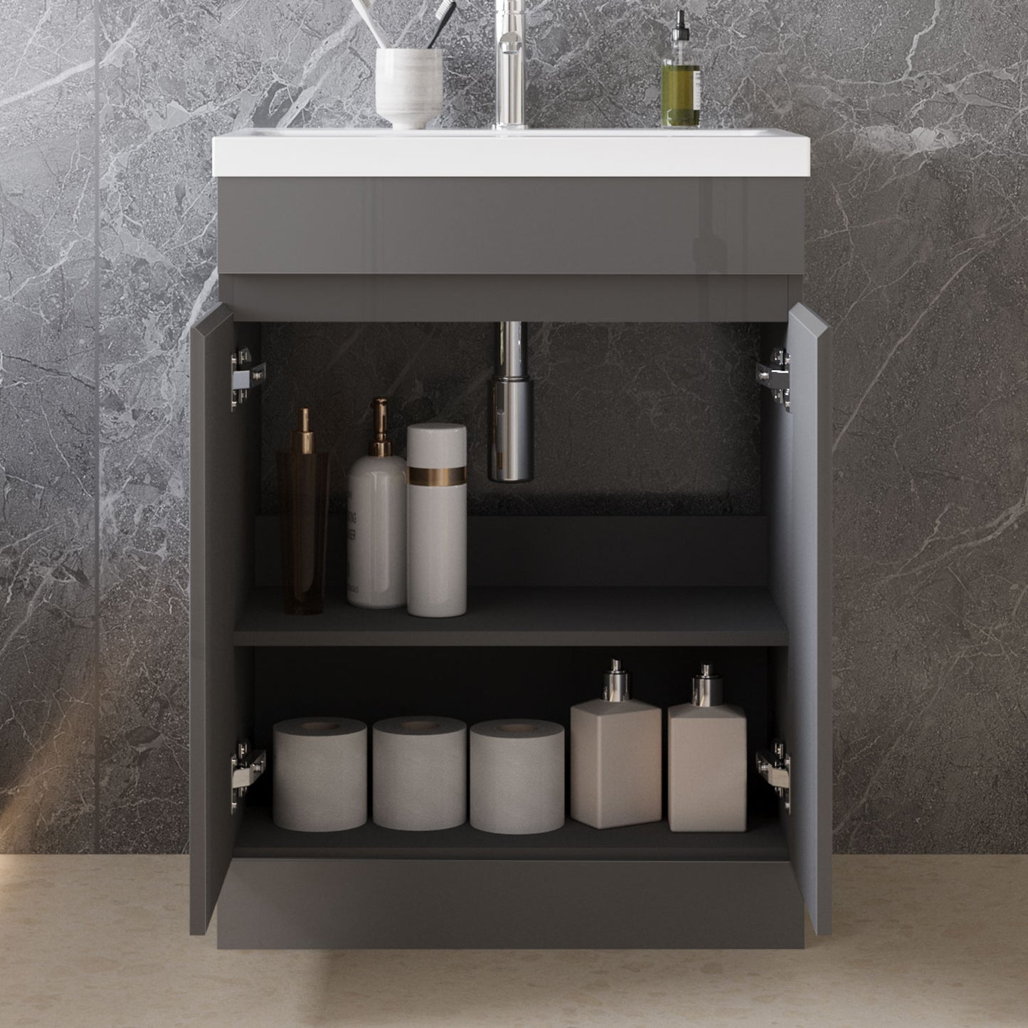 High Gloss MDF Vanity Unit, Floorstanding, Detachable, Soft Close, Dual-door + Write Artificial stone Basin
