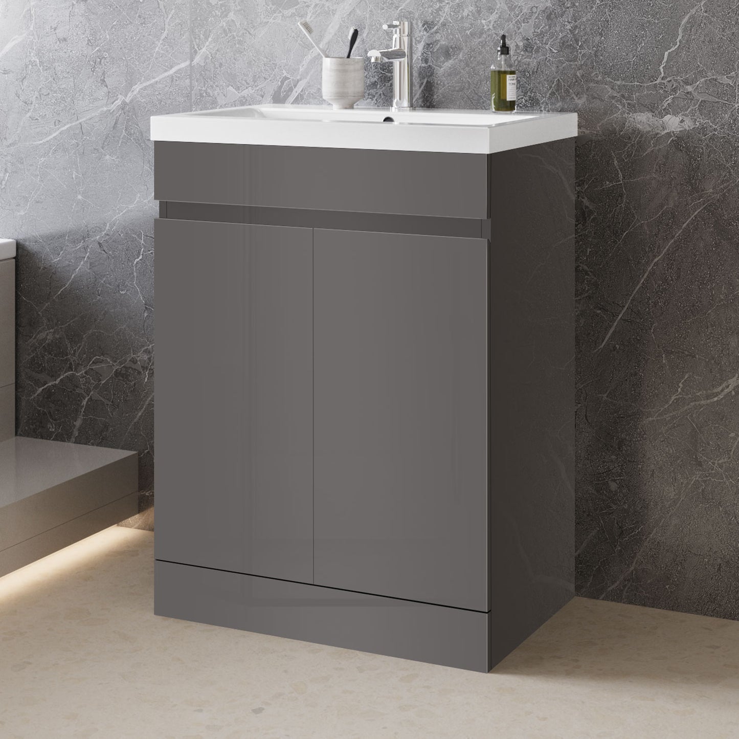 High Gloss MDF Vanity Unit, Floorstanding, Detachable, Soft Close, Dual-door + Write Artificial stone Basin