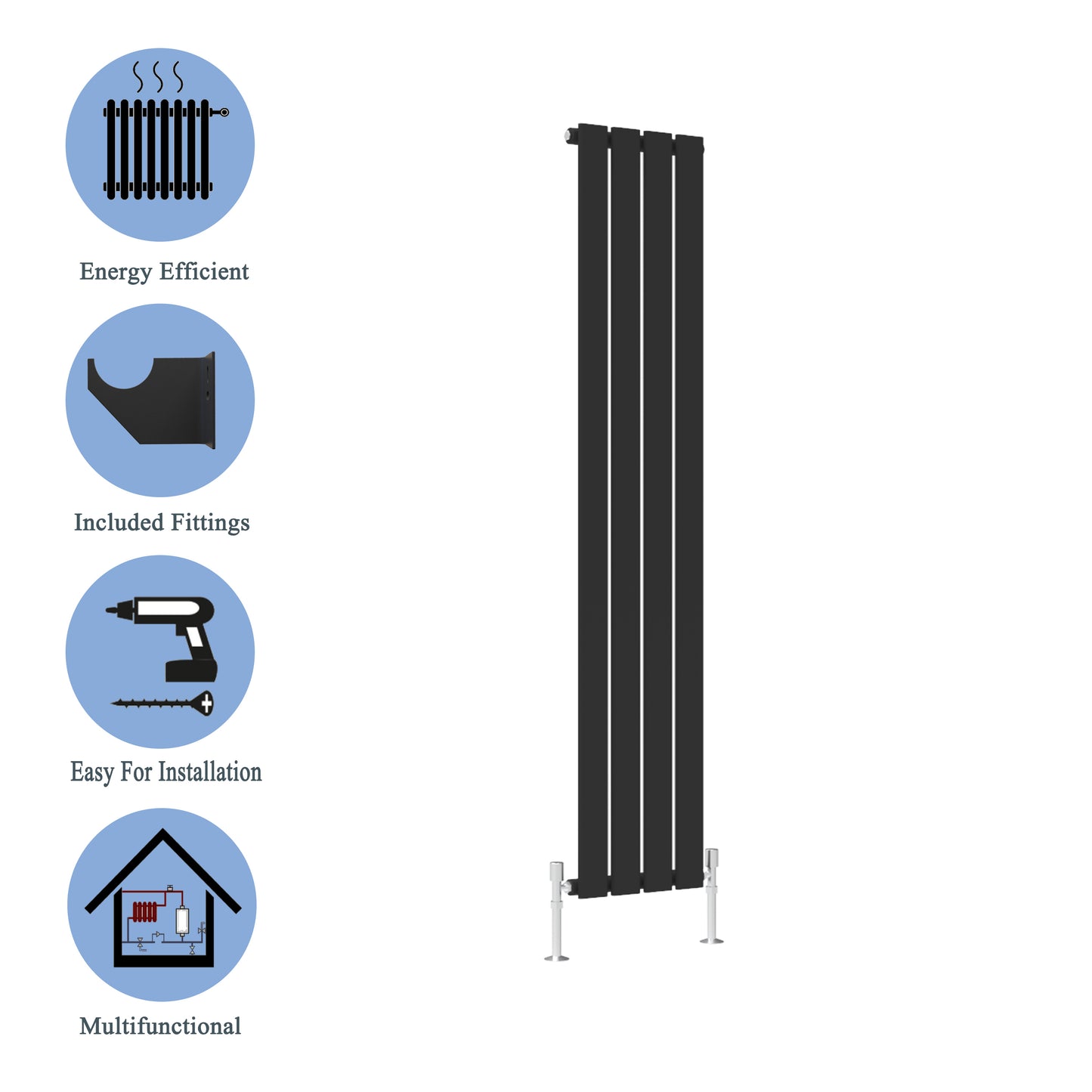 AICA - Modern Vertical 1600x272mm Single Black Flat Panel Radiator