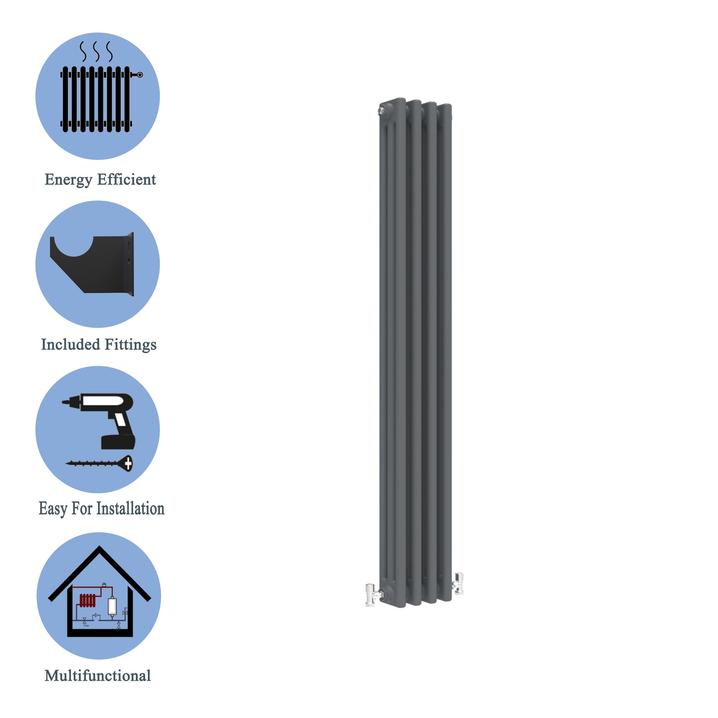Aidal- Traditional Vertical 1500x200mm 3 Columns Anthracite Cast Iron Radiator
