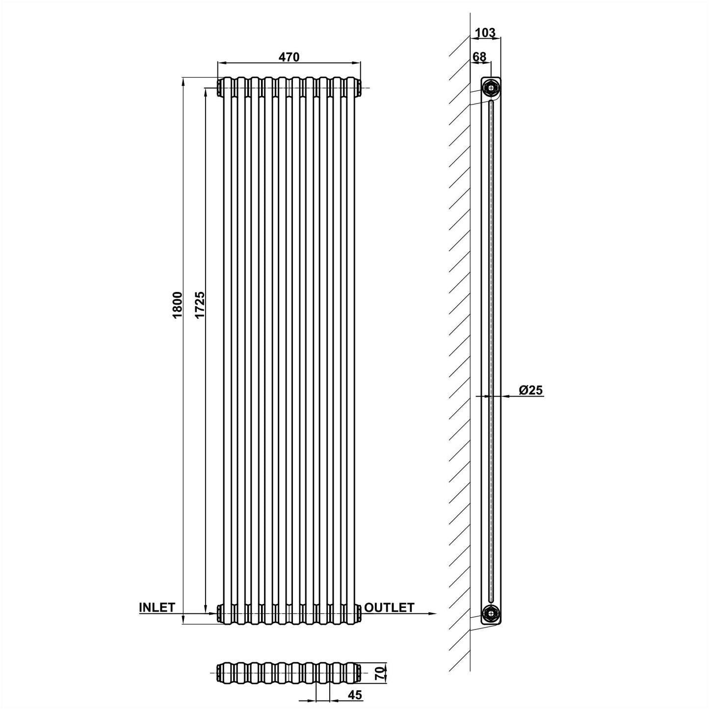 1800x470mm white 2 columns traditional radiator dimension