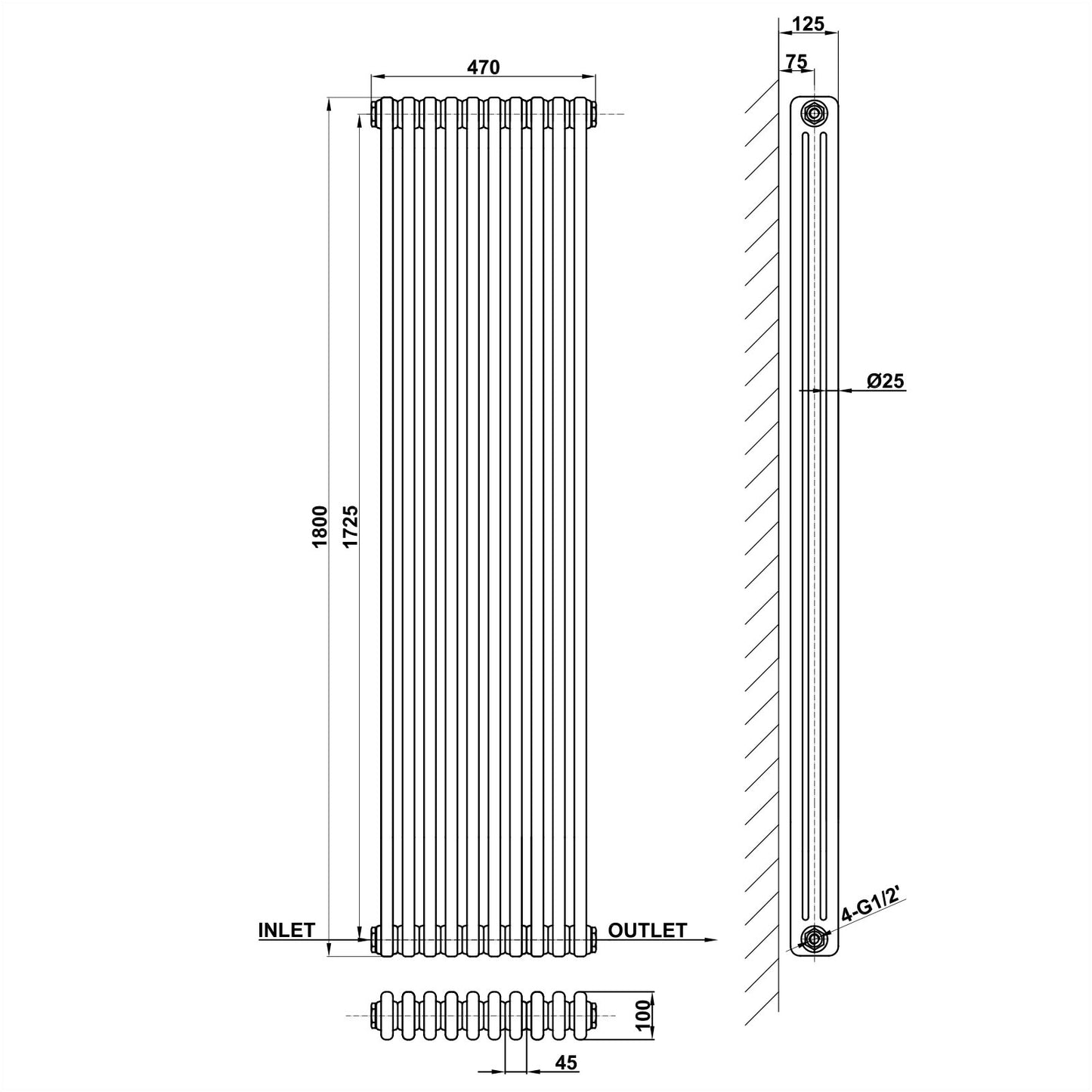 1800x470mm anthracite 3 columns traditional radiator dimension