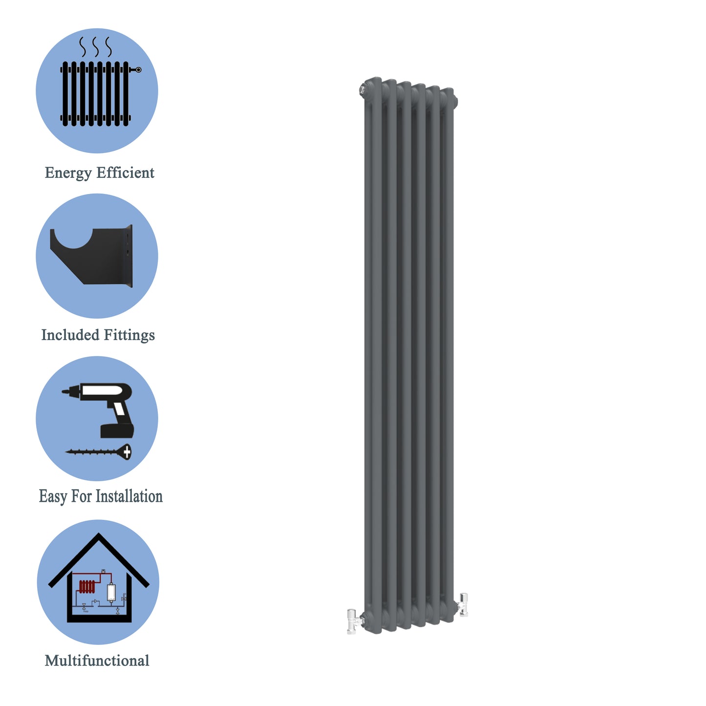Aidal- Traditional Vertical 1800x290mm 2 Columns Anthracite Cast Iron Radiator