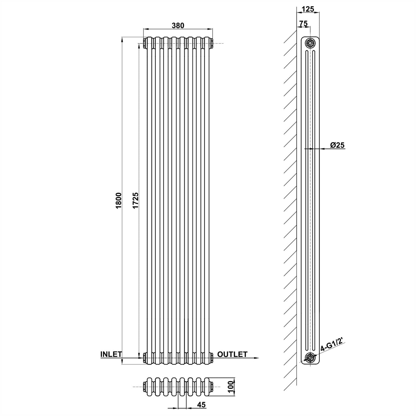 1800x380mm white 3 columns traditional radiator dimension
