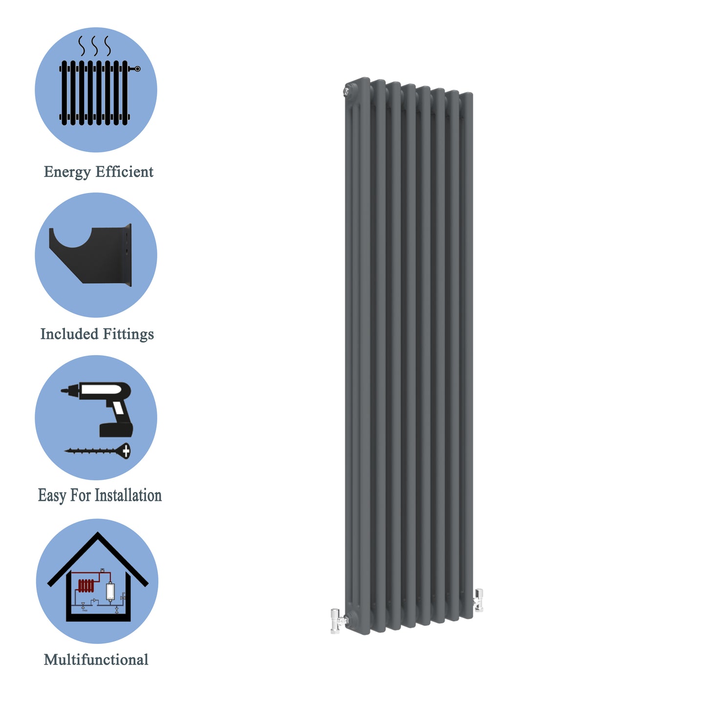 Aidal- Traditional Vertical 1800x380mm 3 Columns Anthracite Cast Iron Radiator