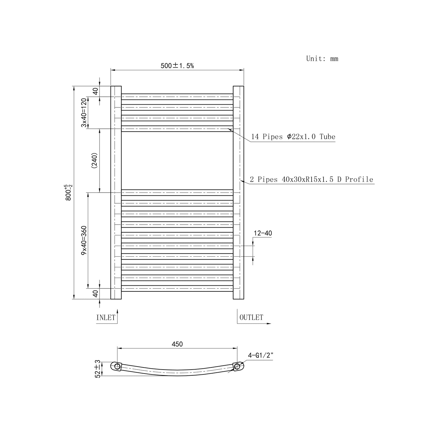 800x500mm Chrome Heated Towel Rail Curved Bathroom Radiator Dimension