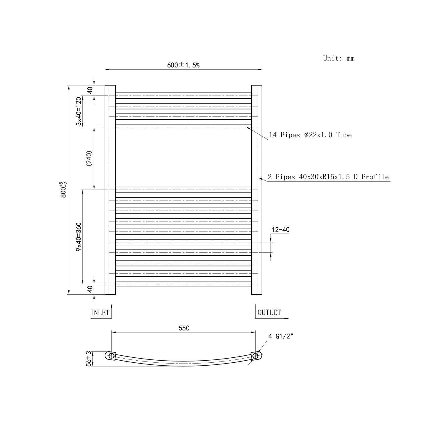 800x600mm Chrome Heated Towel Rail Curved Bathroom Radiator Dimension