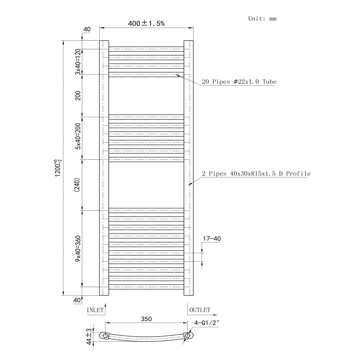 1200x400mm Chrome Heated Towel Rail Curved Bathroom Radiator Dimension