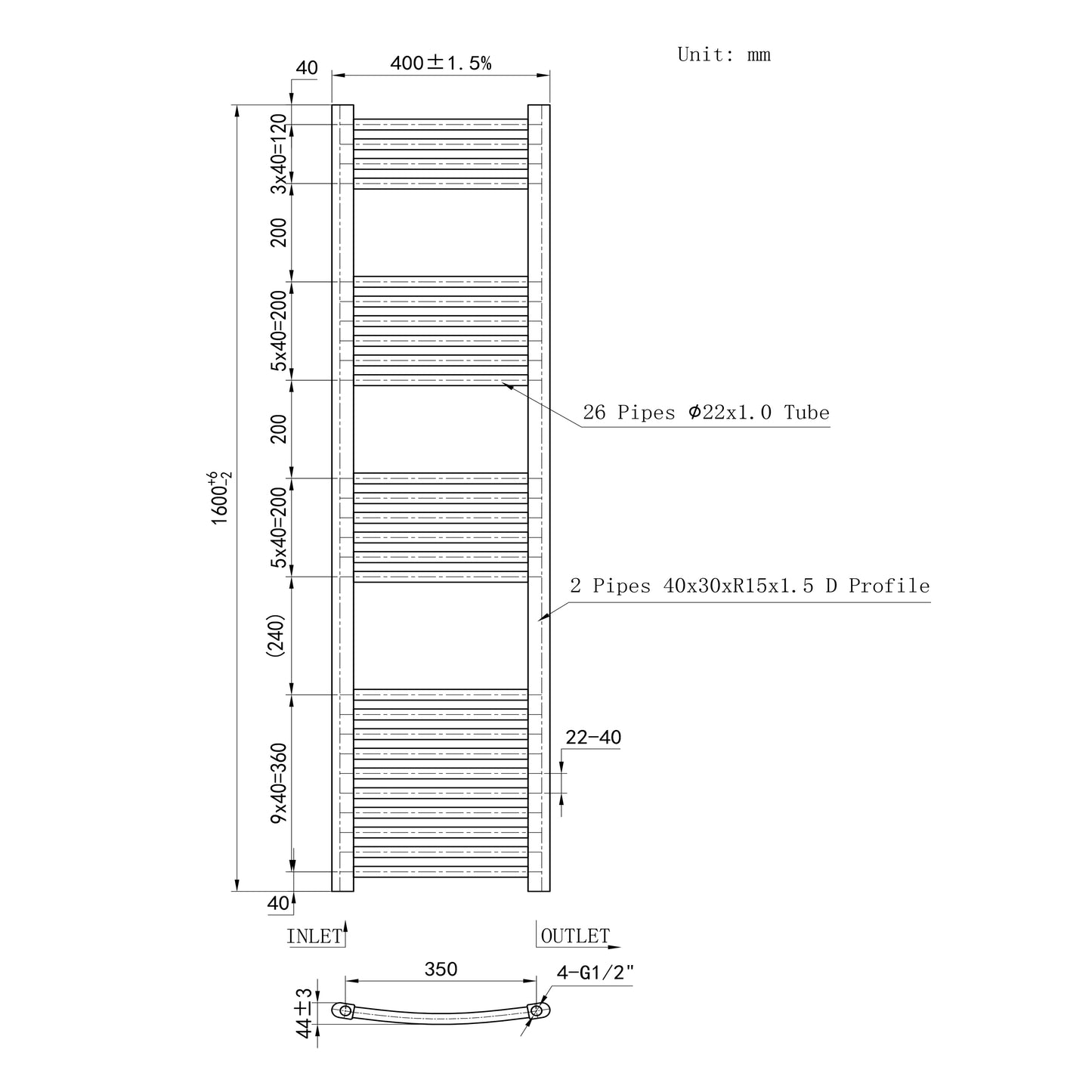 1600x400mm Chrome Heated Towel Rail Curved Bathroom Radiator Dimension