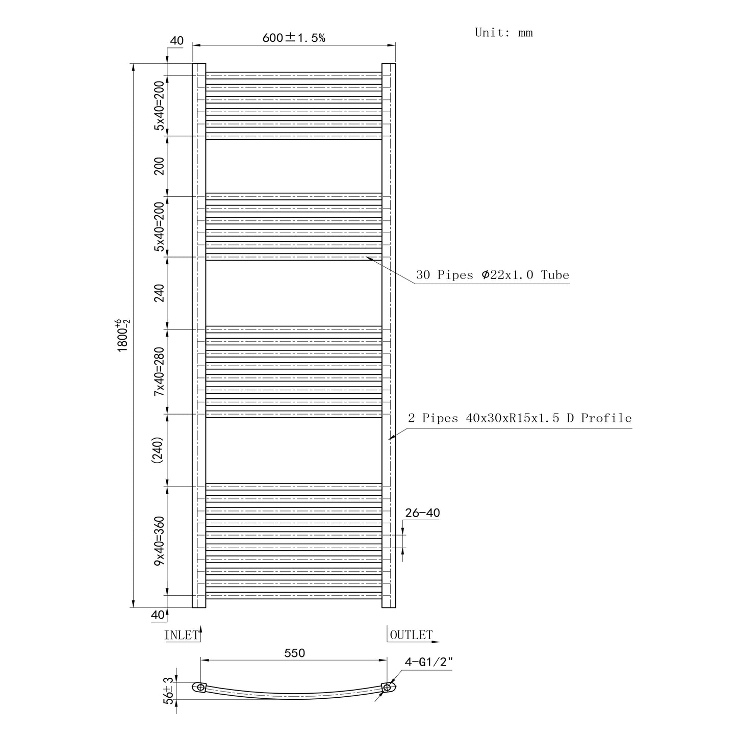 1800x600mm Chrome Heated Towel Rail Curved Bathroom Radiator Dimension