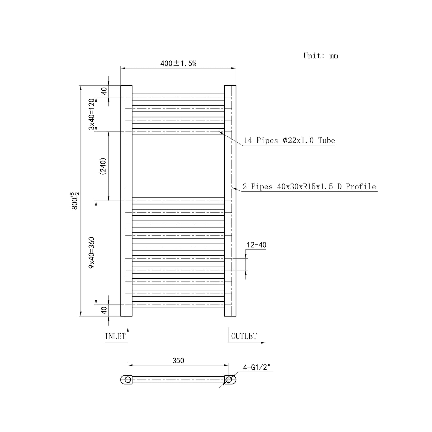 800x400mm Chrome Heated Towel Rail Straight Bathroom Radiator Dimension