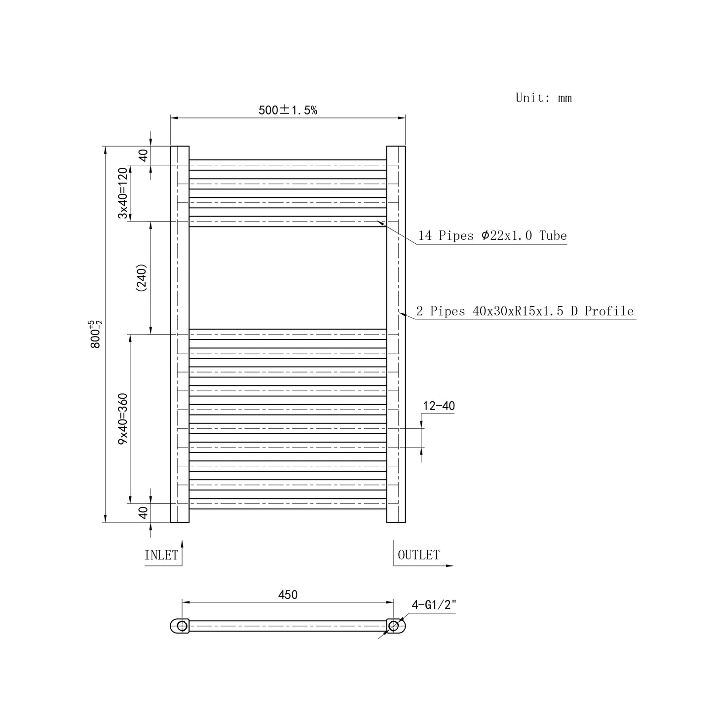 800x500mm Black Heated Towel Rail Straight Bathroom Radiator Dimension