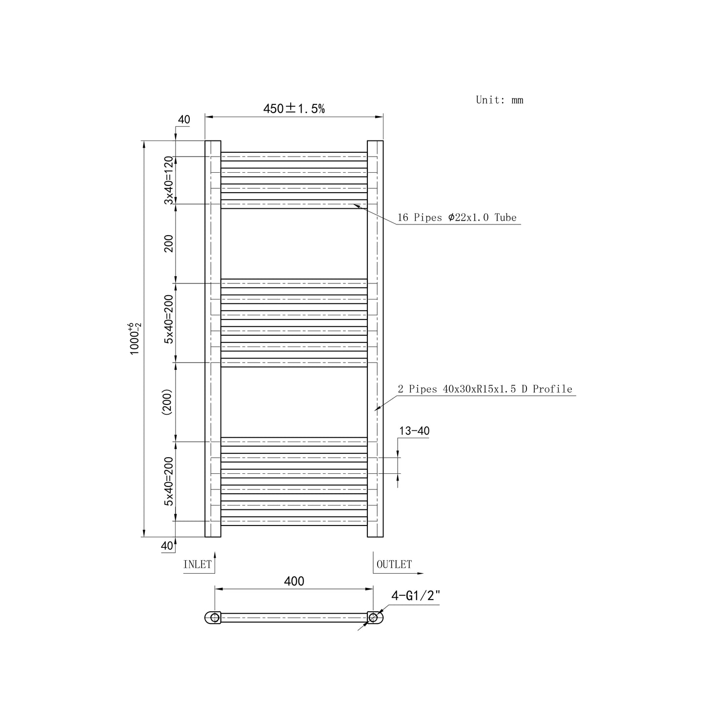 1000x450mm Black Heated Towel Rail Straight Bathroom Radiator Dimension