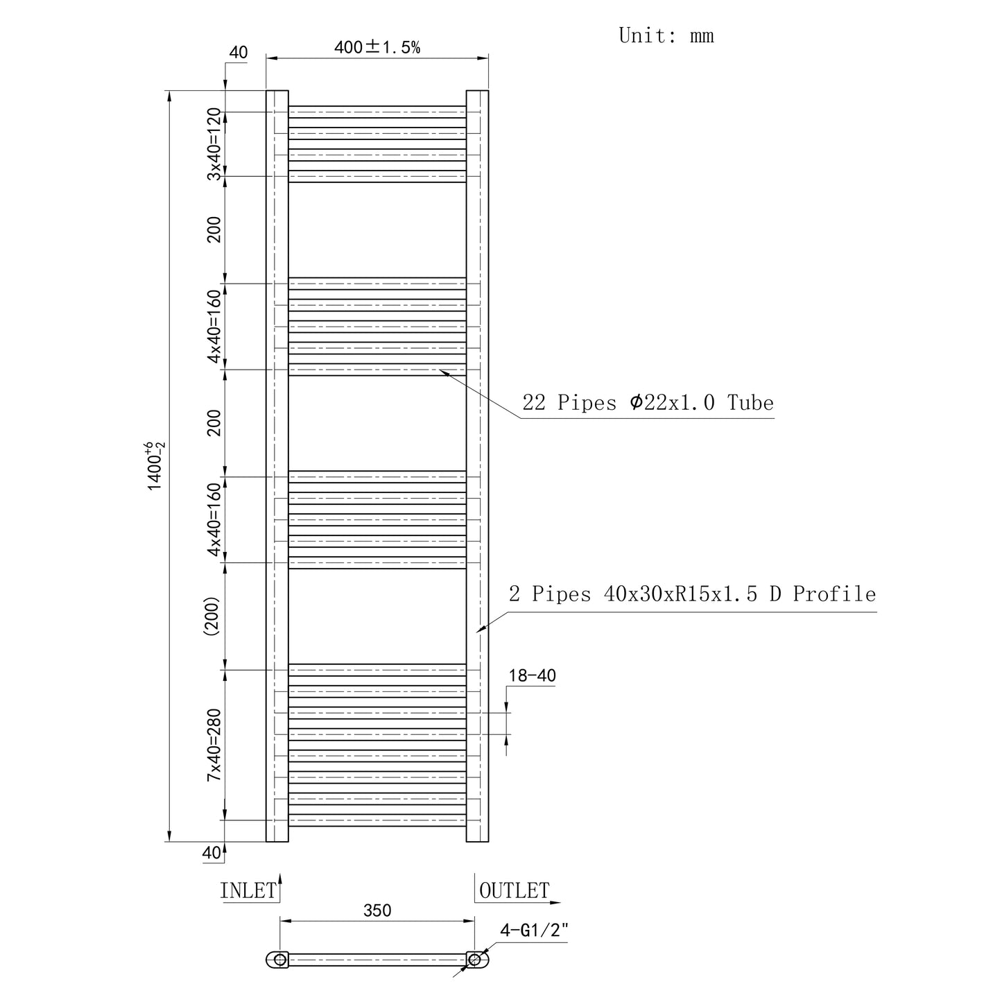 1400x400mm Black Heated Towel Rail Straight Bathroom Radiator Dimension