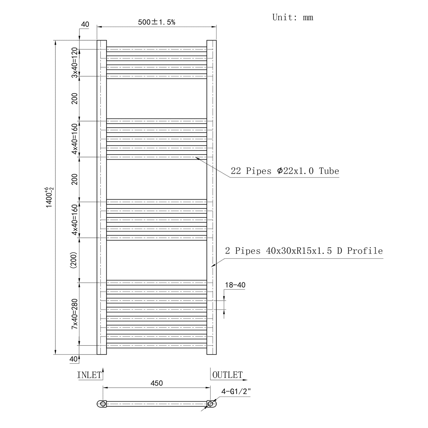 1400x500mm Black Heated Towel Rail Straight Bathroom Radiator Dimension
