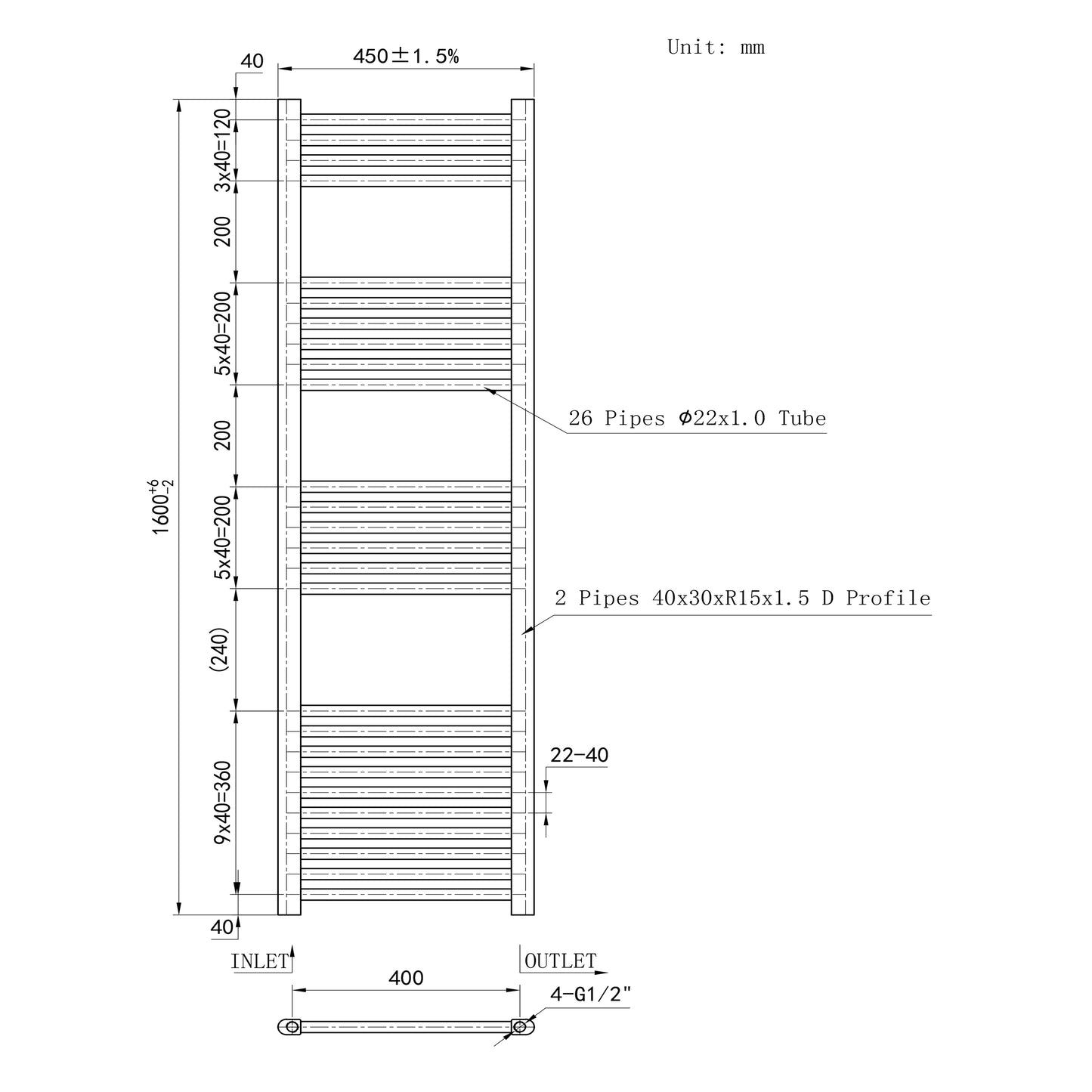 1600x450mm Black Heated Towel Rail Straight Bathroom Radiator Dimension
