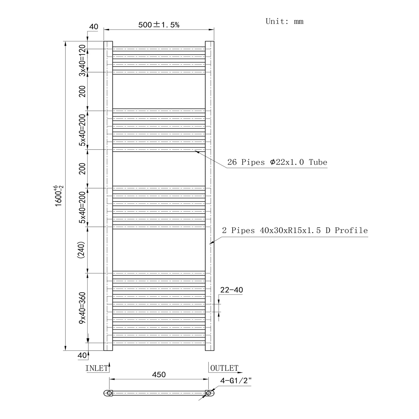 1600x500mm Black Heated Towel Rail Straight Bathroom Radiator Dimension
