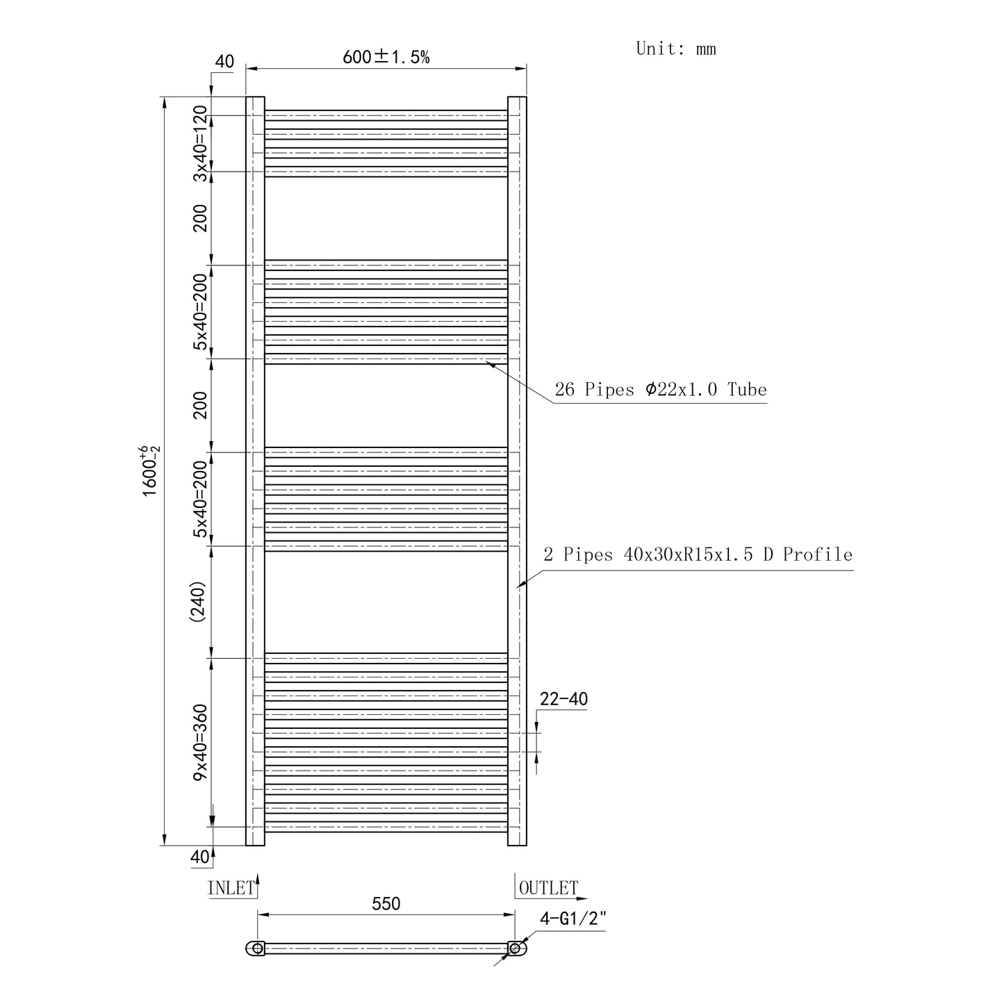 1600x600mm Chrome Heated Towel Rail Straight Bathroom Radiator Dimension