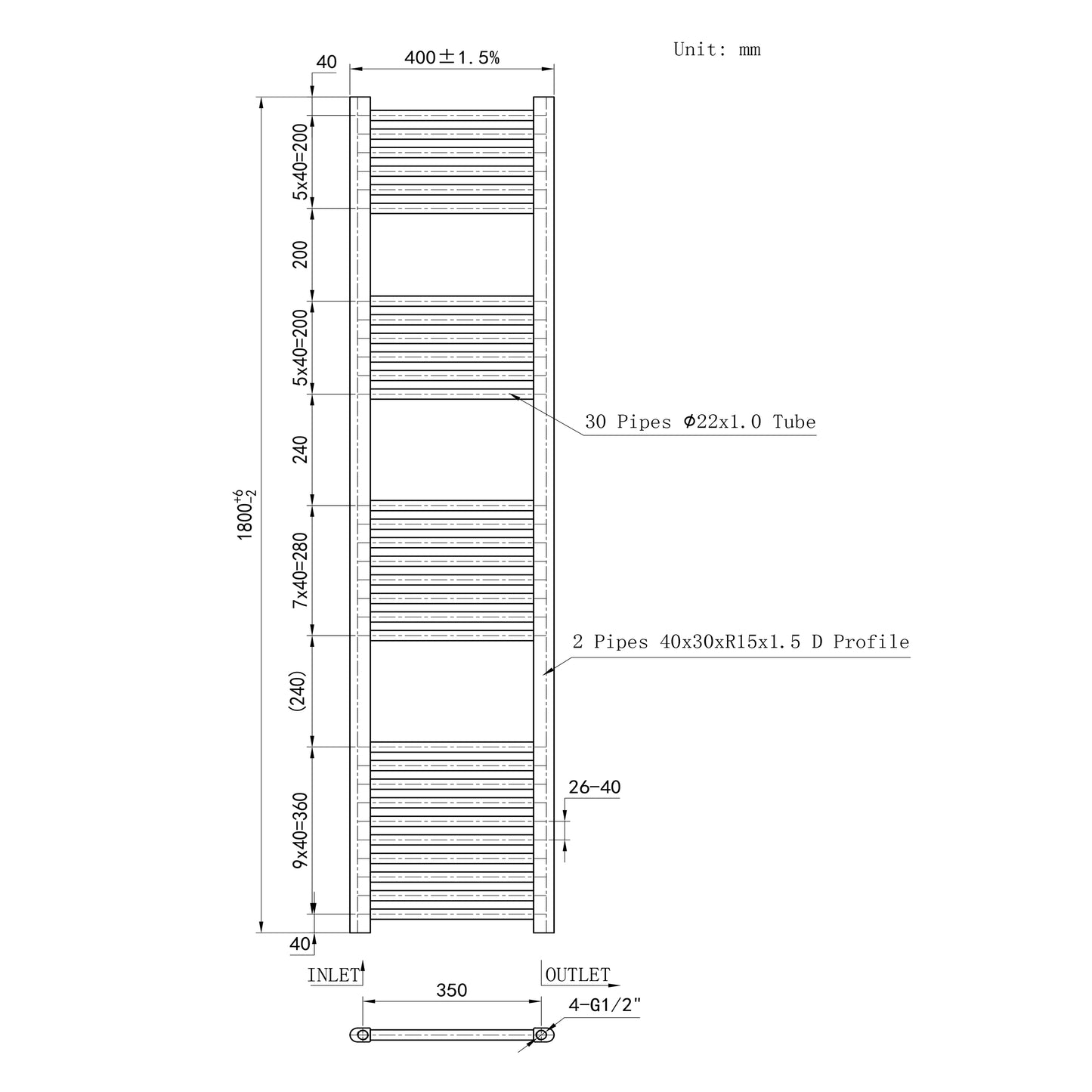 1800x400mm Black Heated Towel Rail Straight Bathroom Radiator Dimension