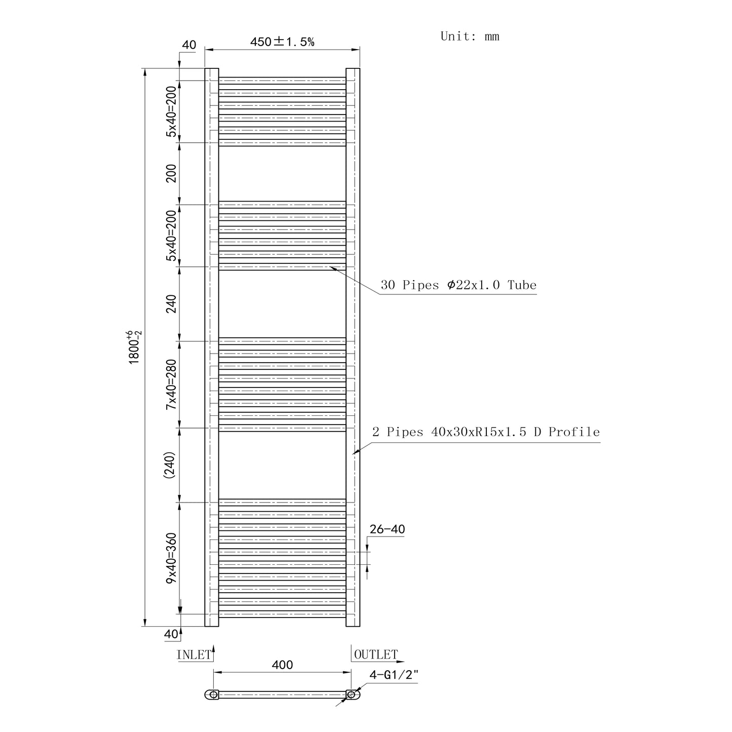 1800x450mm Black Heated Towel Rail Straight Bathroom Radiator Dimension
