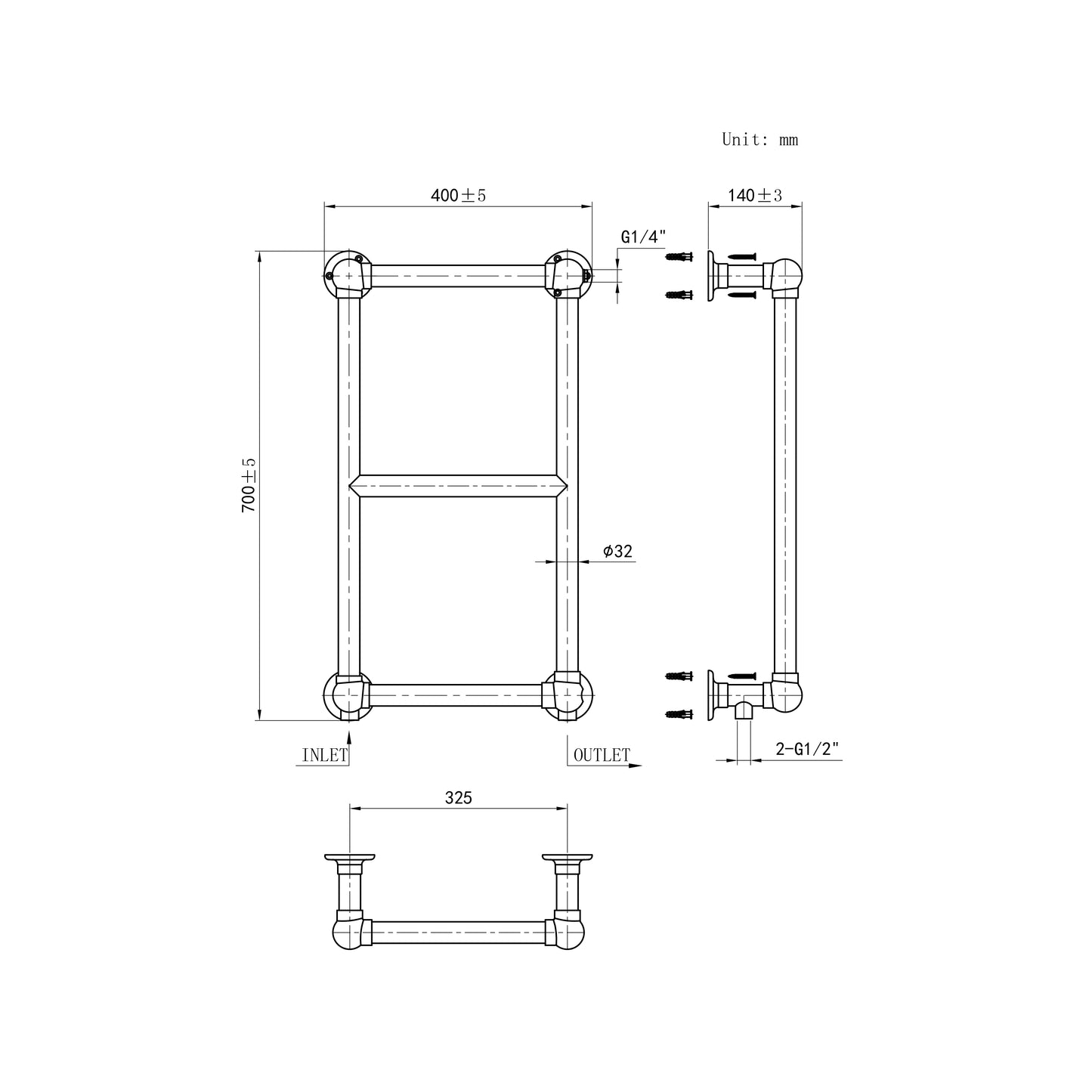 3 Bar Traditional Victorian Chrome Heated Towel Rail Bathroom Radiator Dimension