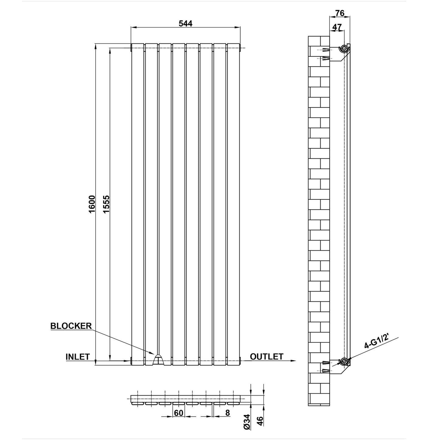 1600x544mm Single Anthracite Flat Panel Radiator Dimension