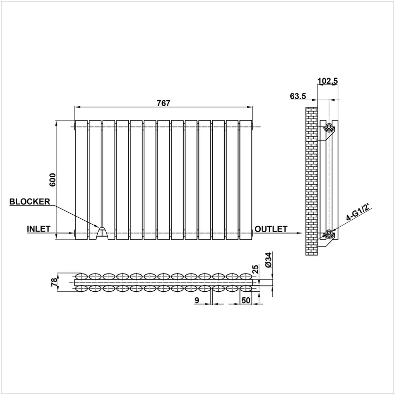 600x767mm double white oval column radiator dimension