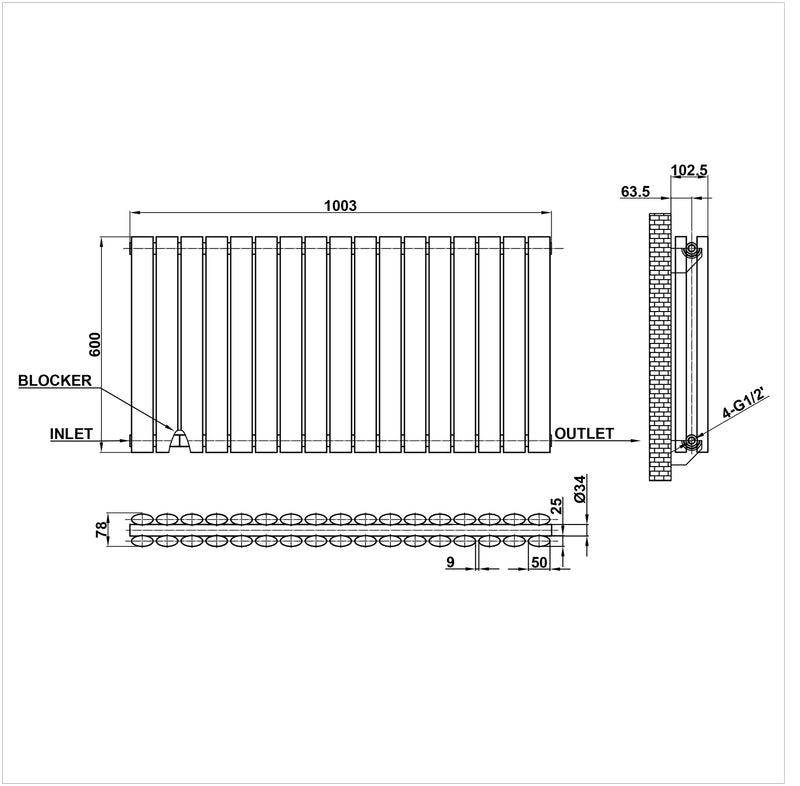 600x1003mm double anthracite oval column radiator dimension