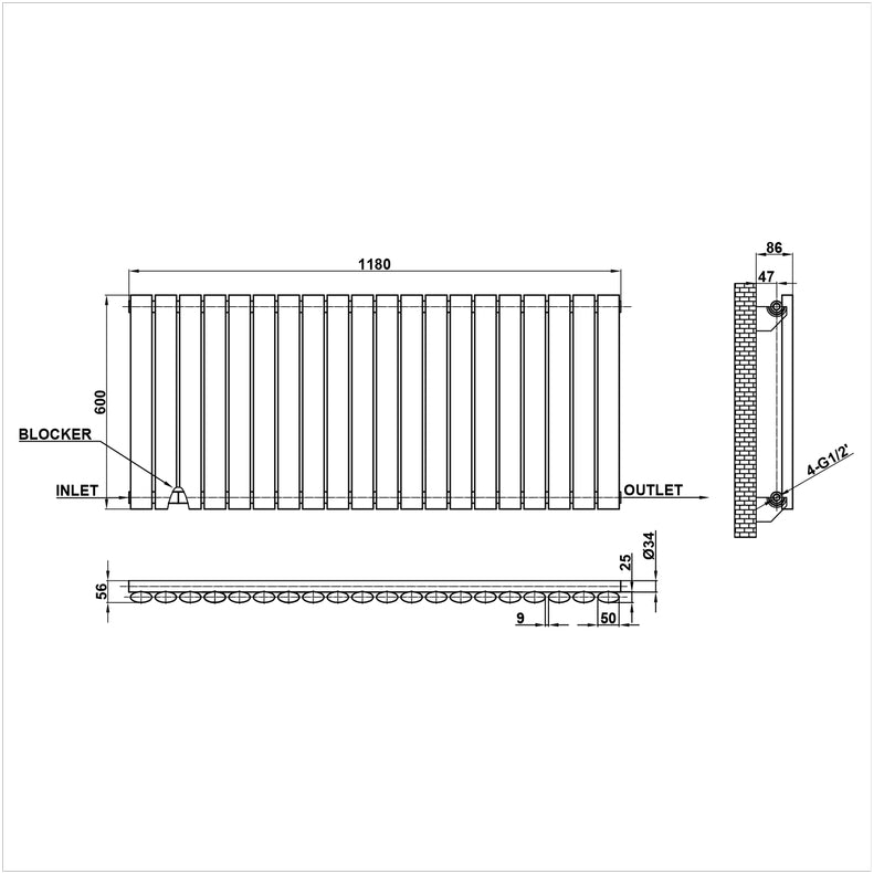 600x1180mm single anthracite oval column radiator dimension