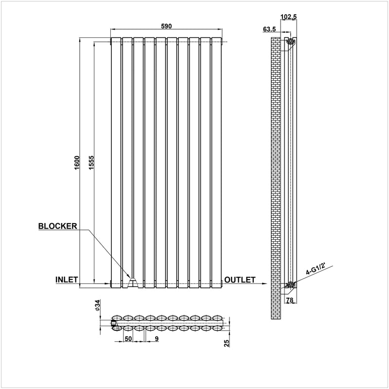 1600x590mm double anthracite oval column radiator dimension