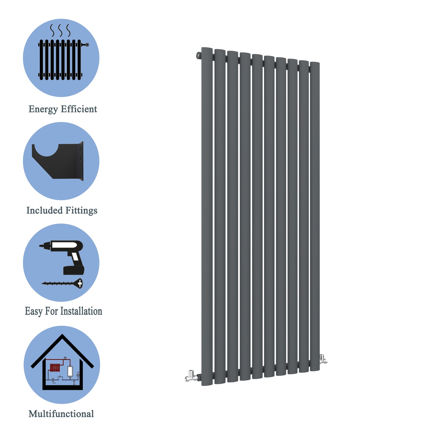Aidal- Designer Vertical 1600x590mm Single Anthracite Oval Column Radiator