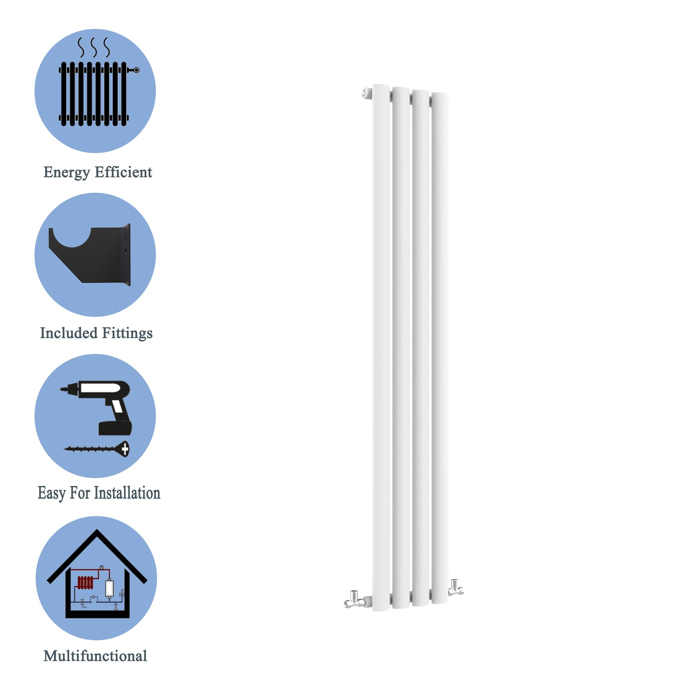 Aidal- Designer Vertical 1600x236mm Single White Oval Column Radiator