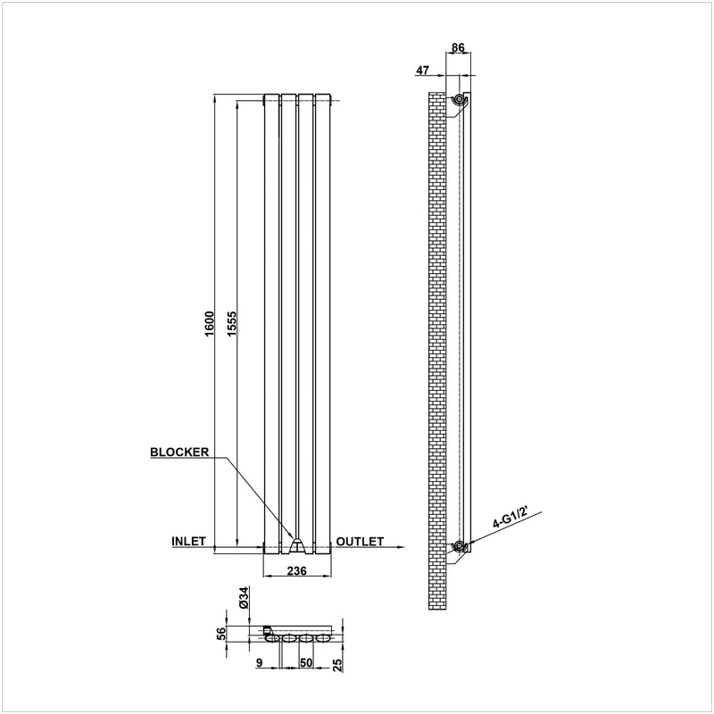 1600x236mm single anthracite oval column radiator dimension