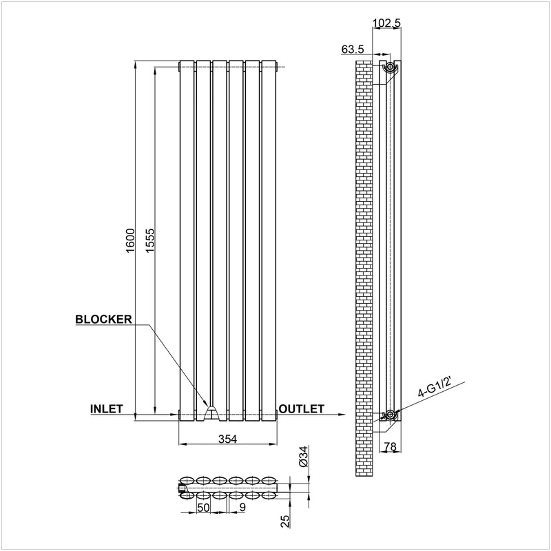 1600x354mm double anthracite oval column radiator dimension