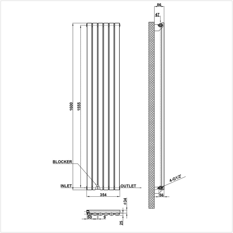 1600x354mm single anthracite oval column radiator dimension