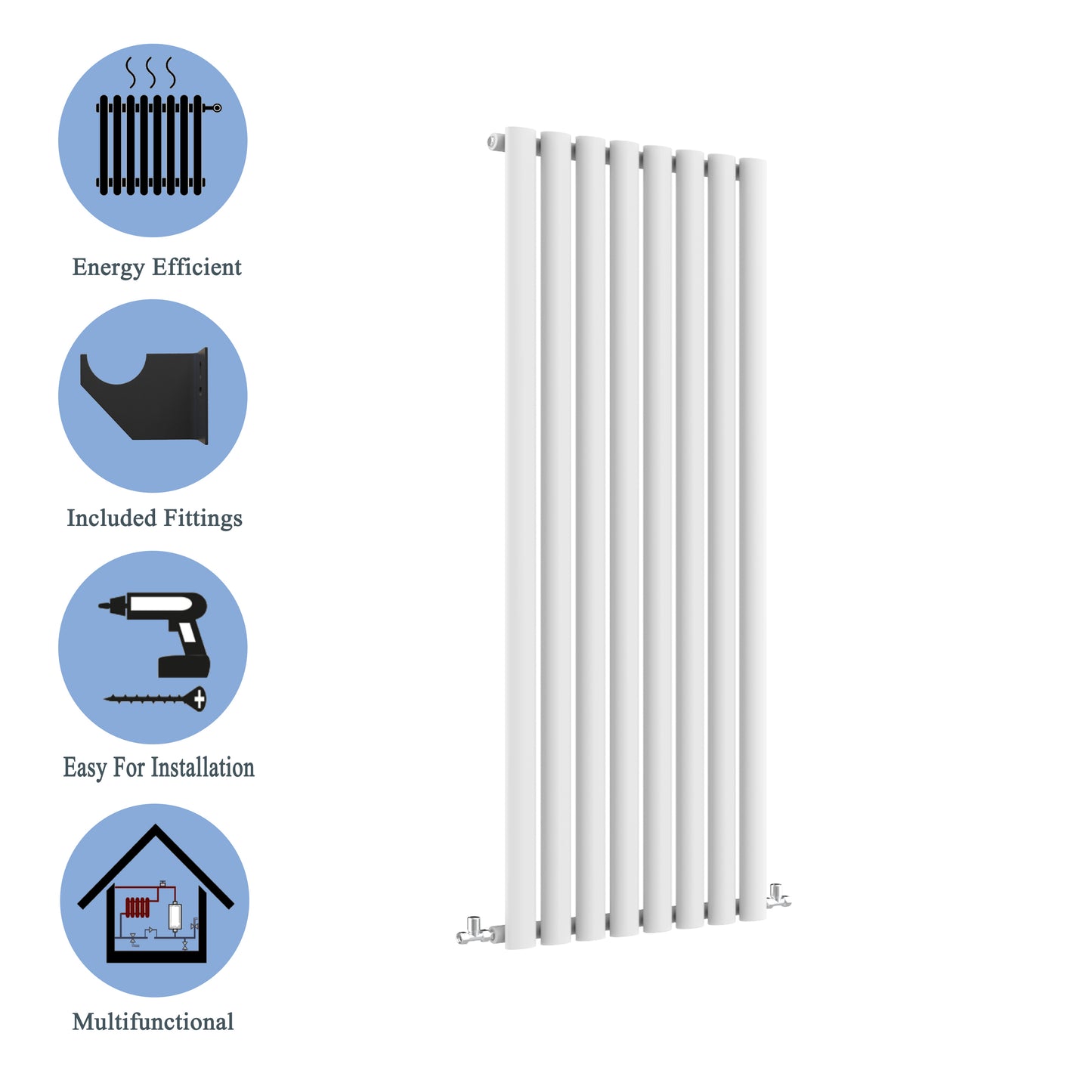 Aidal- Designer Vertical 1600x472mm Single White Oval Column Radiator