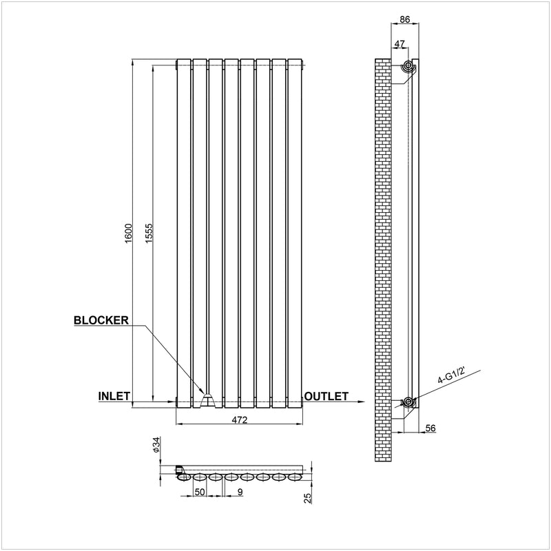 1600x472mm single white oval column radiator dimension