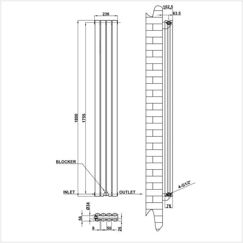 1800x236mm double anthracite oval column radiator dimension