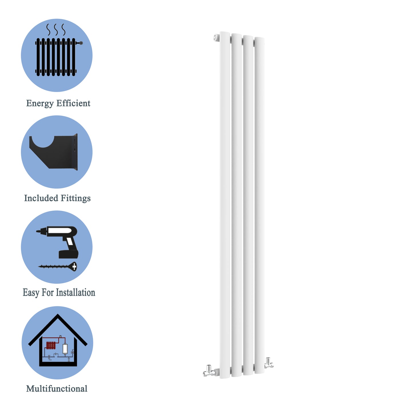 Aidal- Designer Vertical 1800x236mm Single White Oval Column Radiator