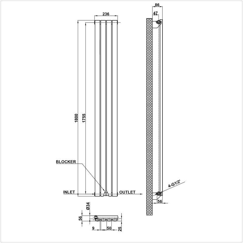 1800x236mm single anthracite oval column radiator dimension