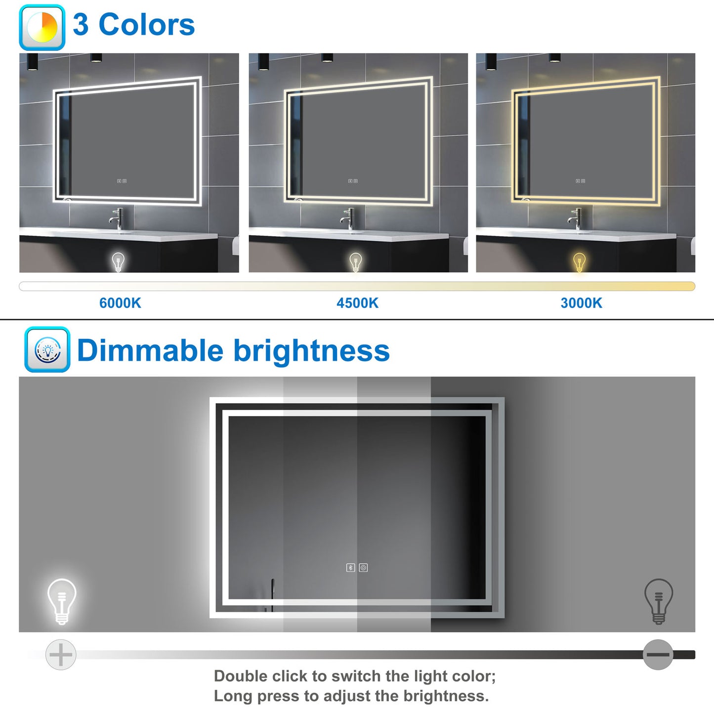 Bluetooth LED Bathroom Mirror with 3 Colours Modes Dimmable Anti fog Touch Switch