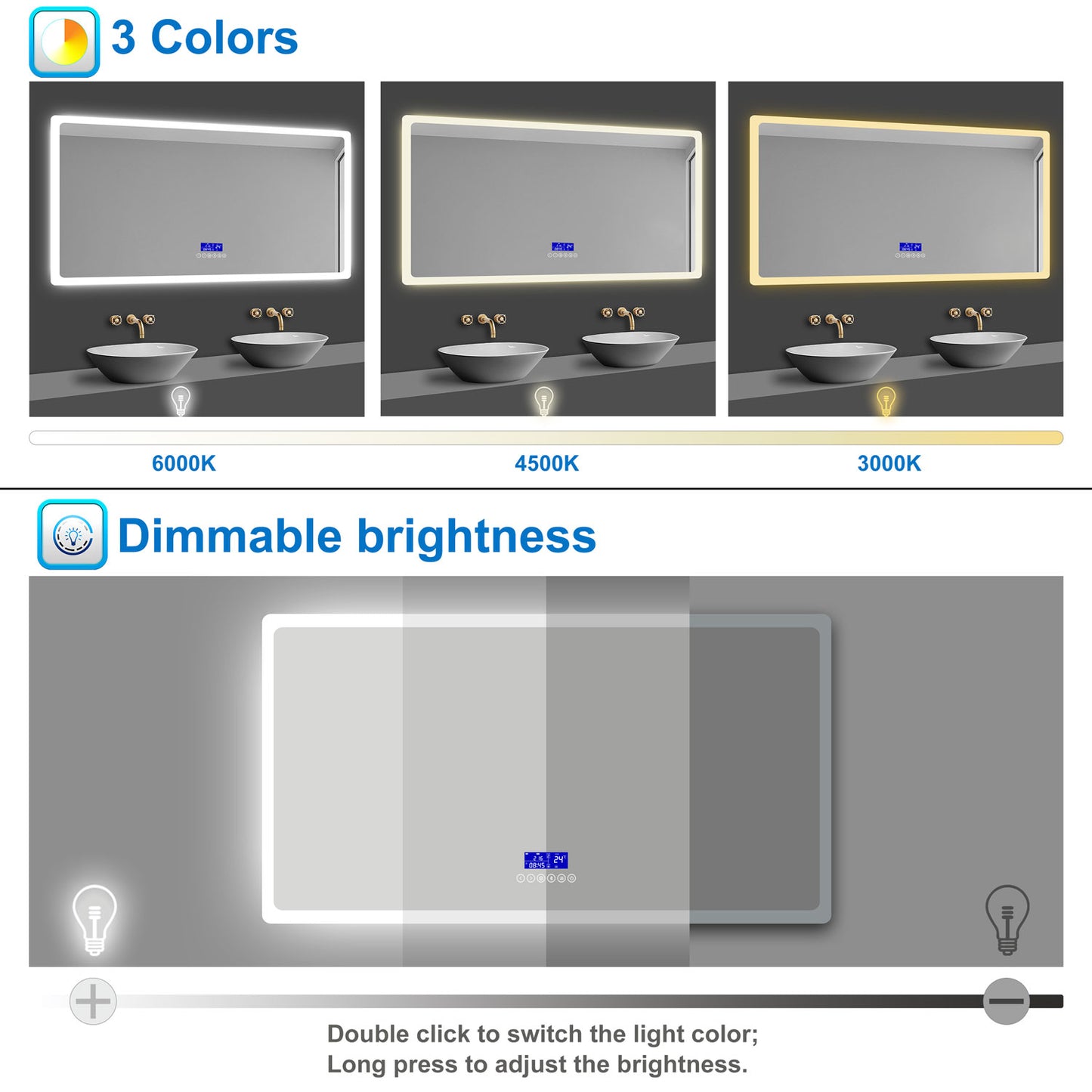 Bathroom Mirror with Bluetooth Speaker Digital Clock Dimmable Lights Anti-fog Touch Switch