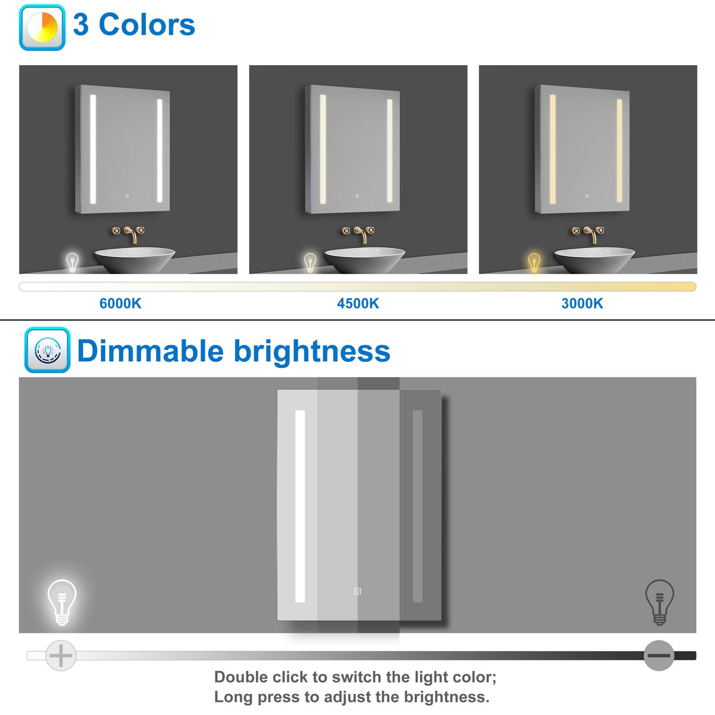 LED Bathroom Mirrom with 3 Colours Lights Shaver Socket Demister Pad 50x70cm