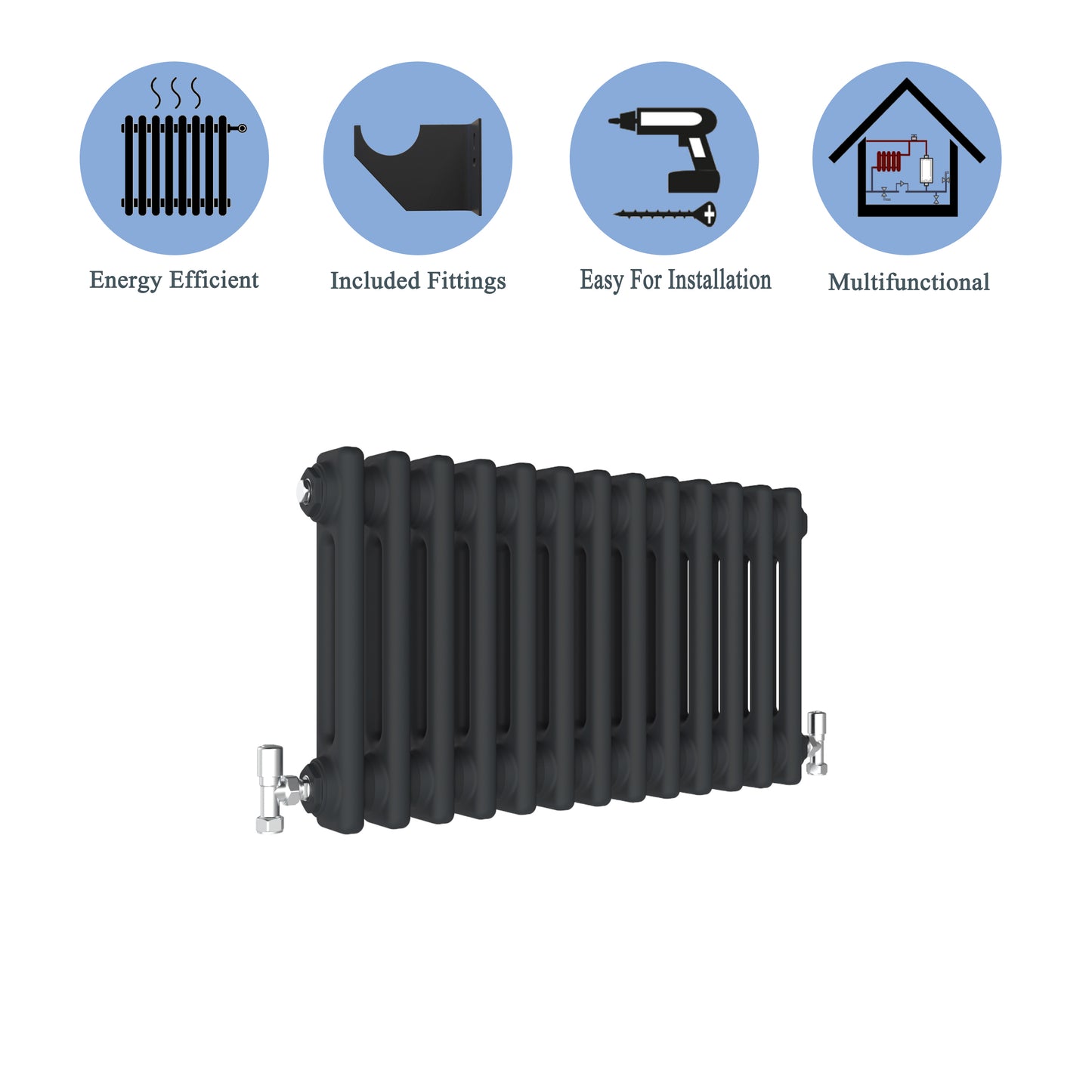 Traditional Horizontal 300x605mm 2 Columns Black Cast Iron Radiator