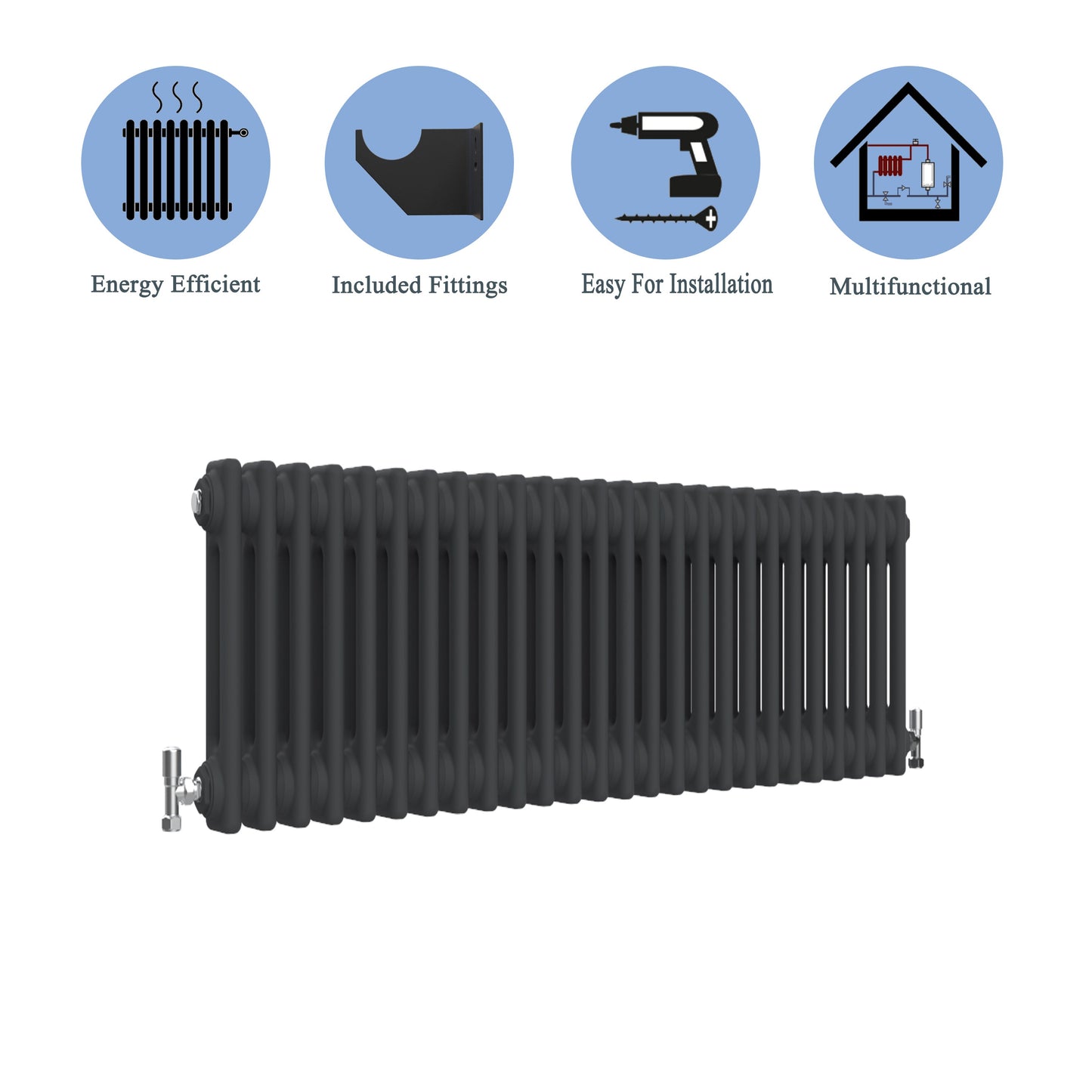 Traditional Horizontal 300x1190mm 2 Columns Black Cast Iron Radiator