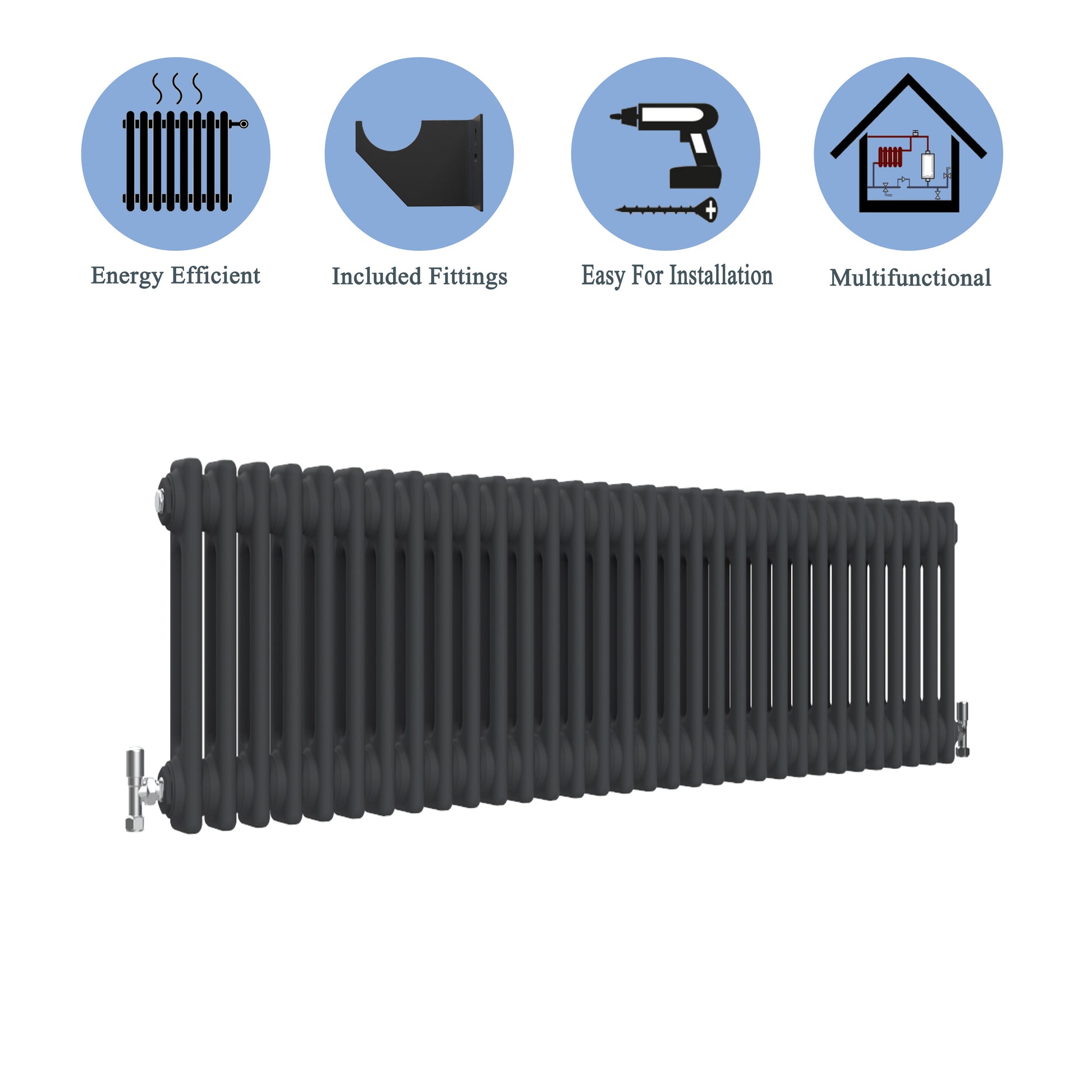 Traditional Horizontal 300x1460mm 2 Columns Black Cast Iron Radiator