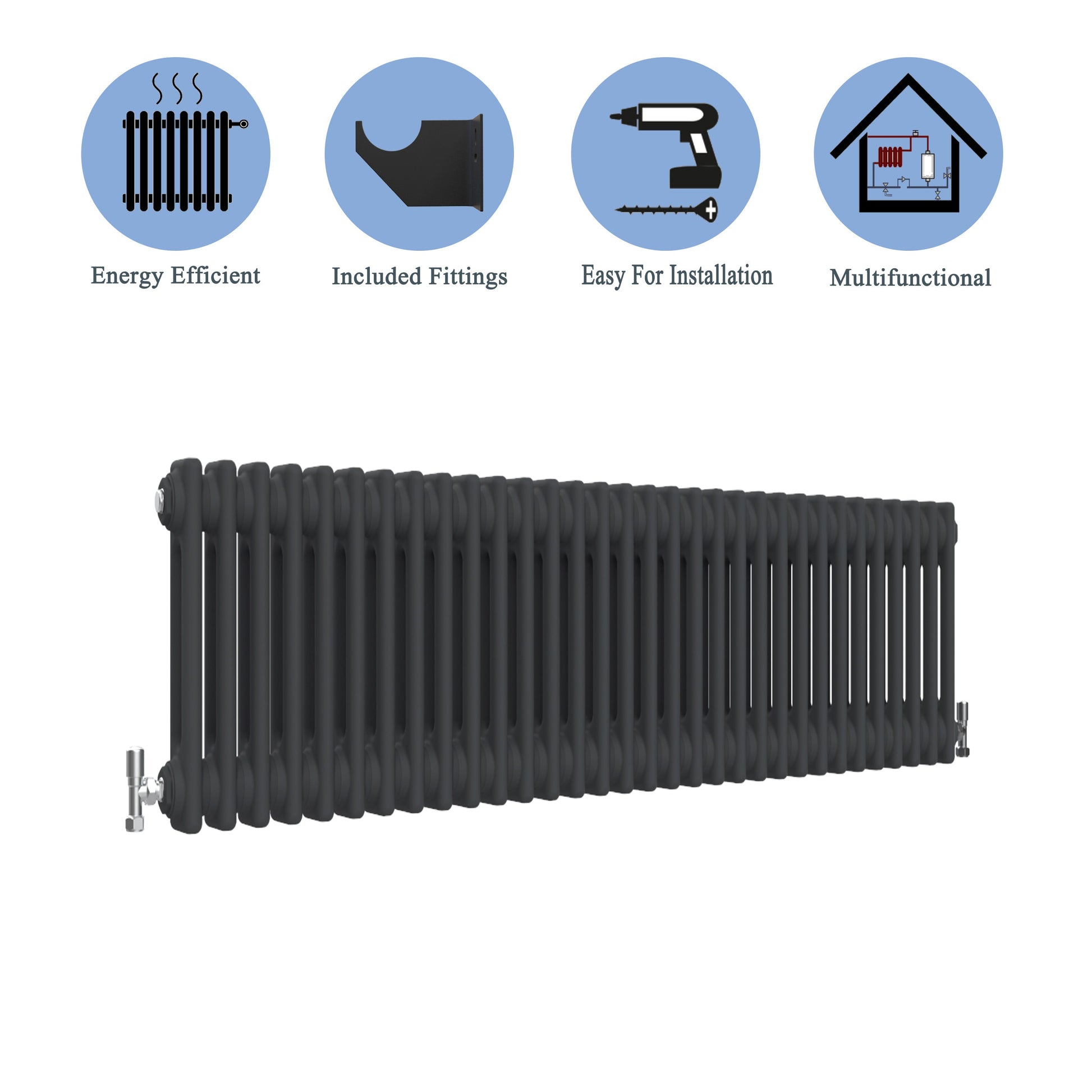 Traditional Horizontal 300x1460mm 2 Columns Black Cast Iron Radiator