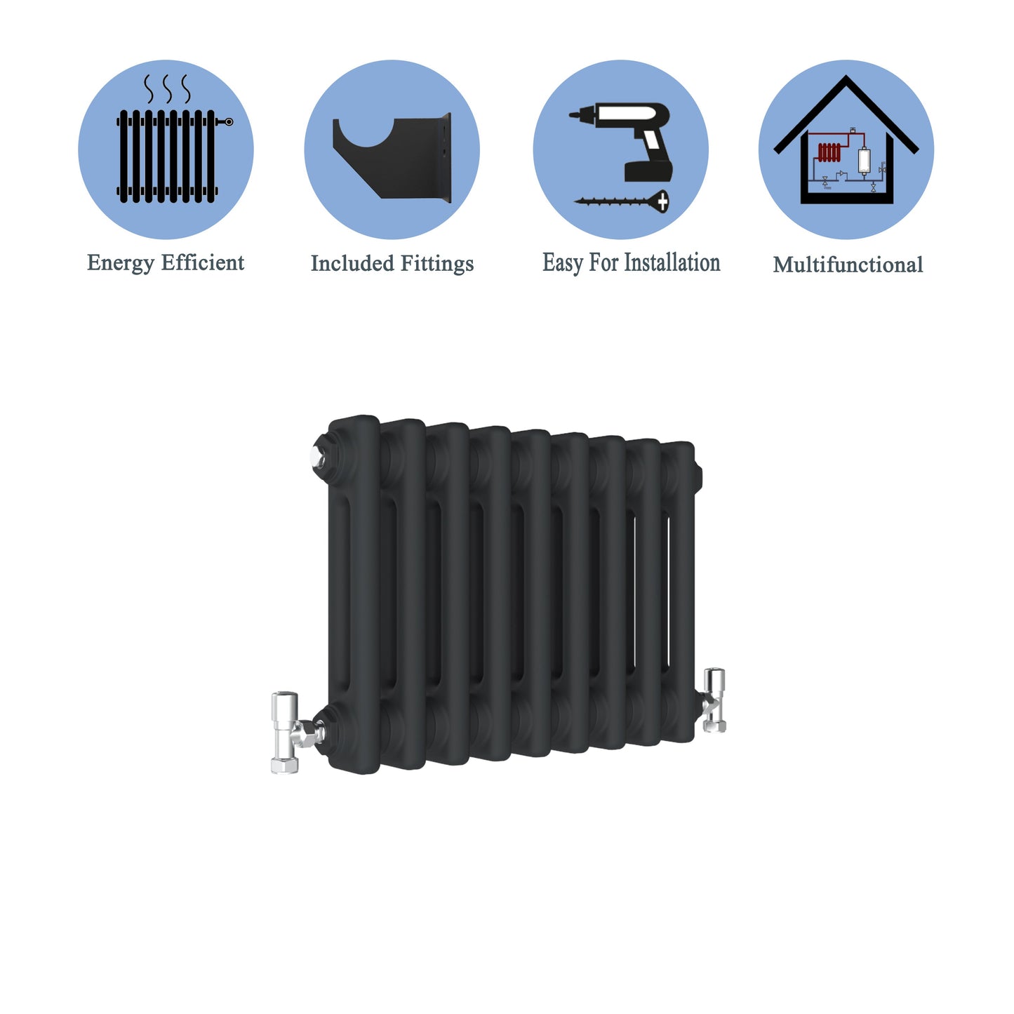 Traditional Horizontal 300x425mm 2 Columns Black Cast Iron Radiator